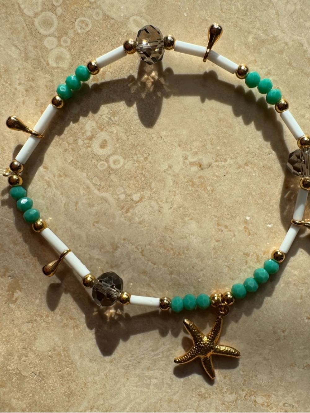 Gold Starfish Charm Stretch Bracelet with Turquoise & White Beads